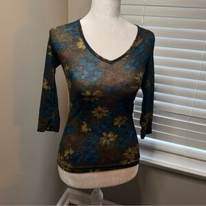 Floral V-Neck Women Top - Blue and Gold